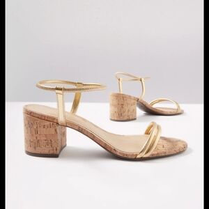 SCHUTZ Gimenez Mid Stretch Ot Gold Block Kork Heeled Sandals